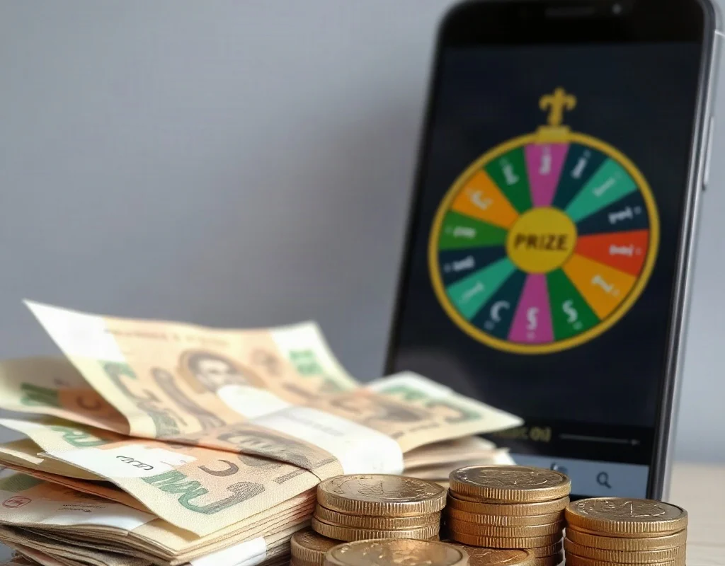 Pakistani money and phone with prize wheel showing earning potential