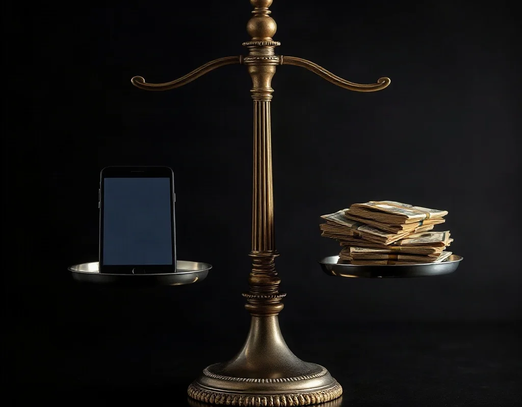 Balance scale comparing smartphone and money for final verdict