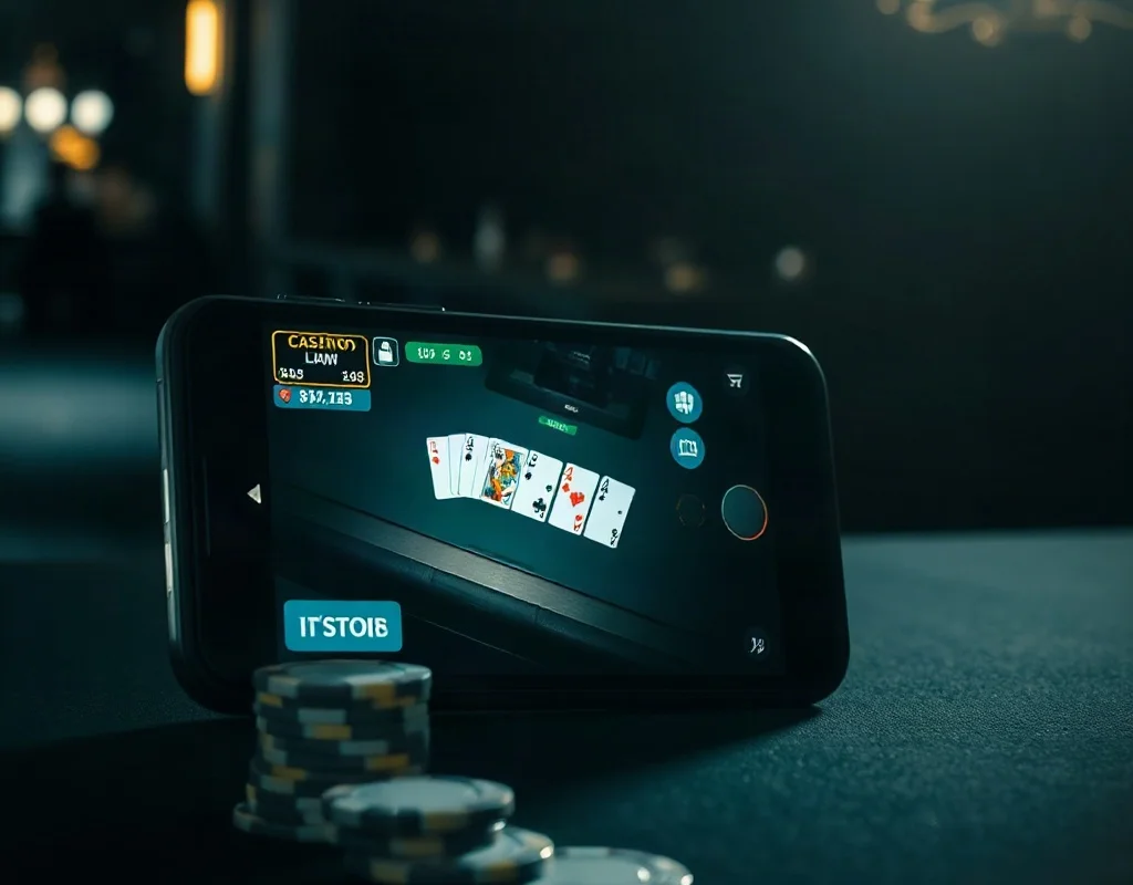 PK68 app review Pakistan: smartphone with casino game and chips, moody lighting