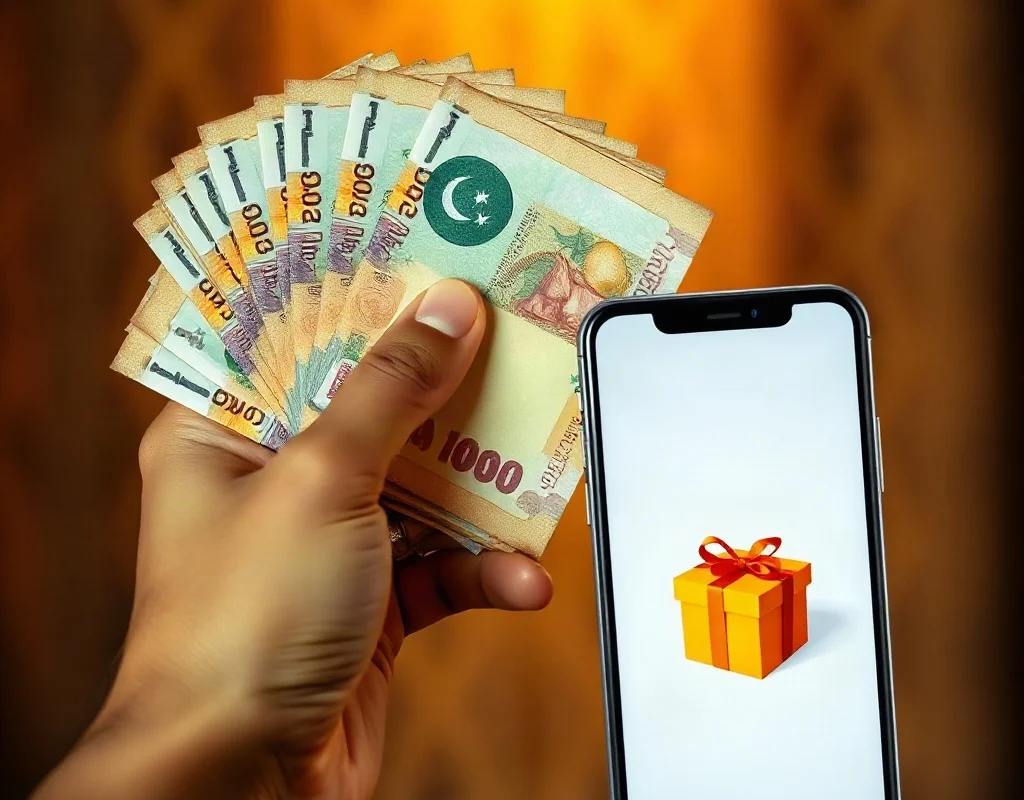 PK68 bonus: hand with money and phone with gift box, warm lighting