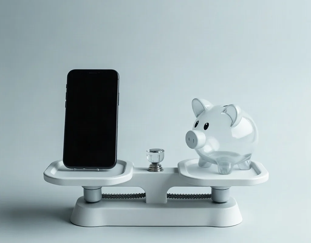 PK68 verdict: scale balancing phone and piggy bank, neutral studio lighting