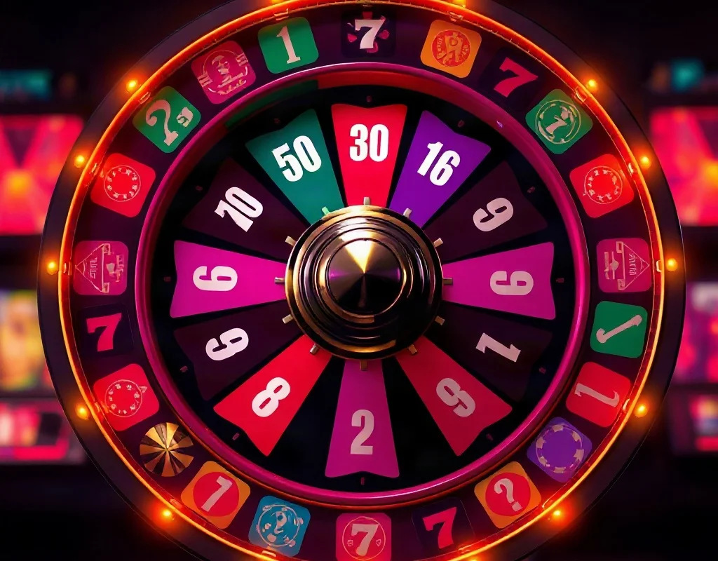 Casino bonus wheel with symbols and lights