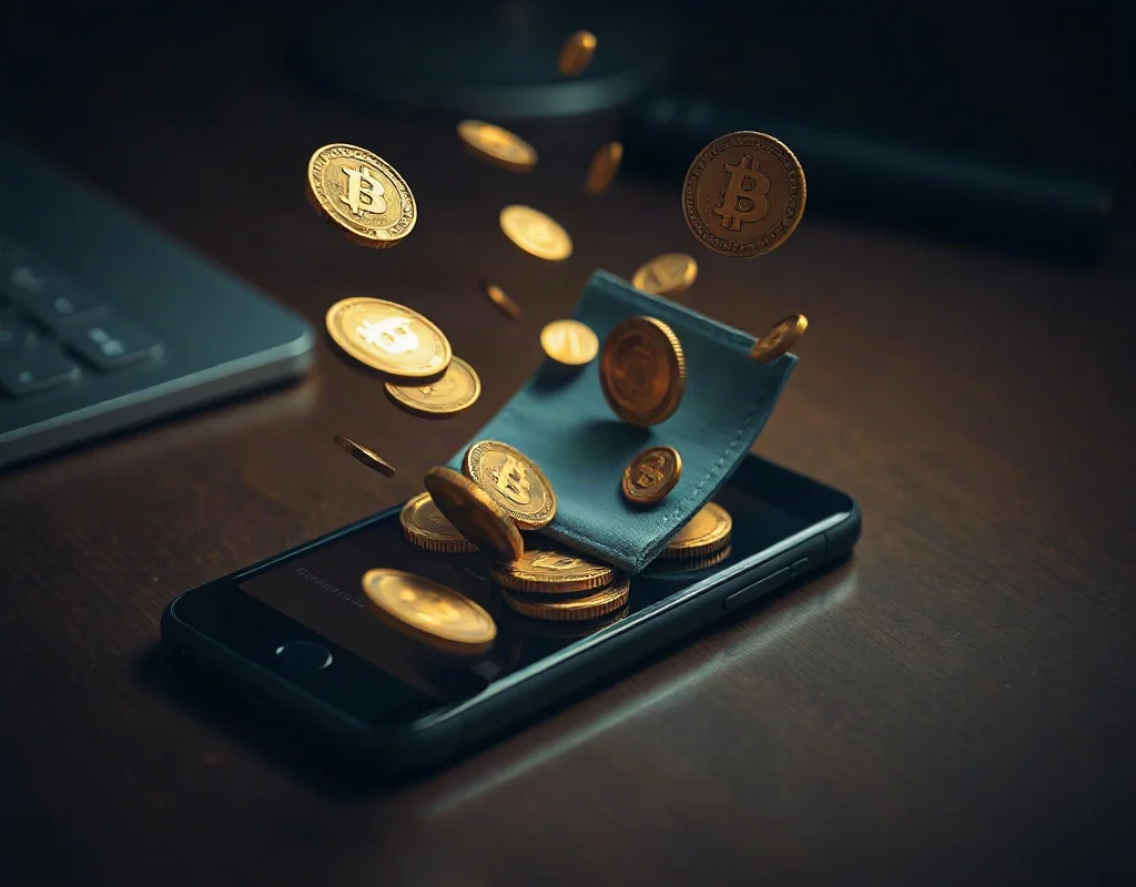 Digital wallet with coins indicating deposit and withdrawal