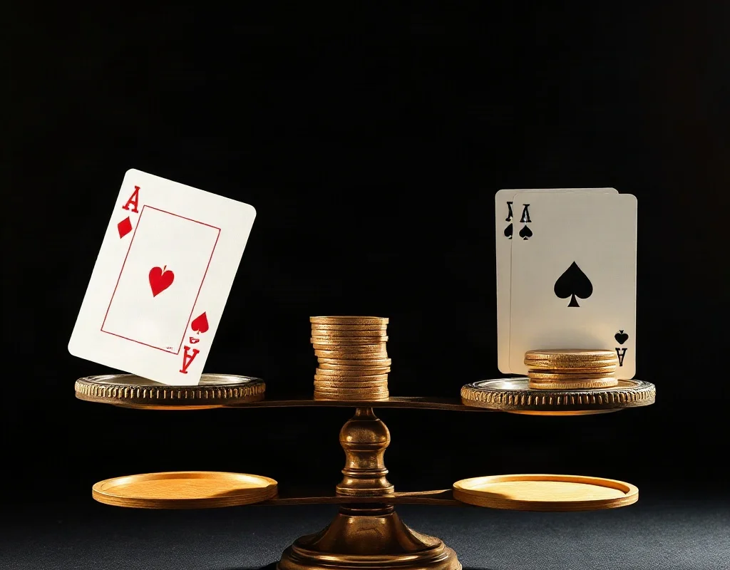 Balance scale with cards and coins for pros and cons