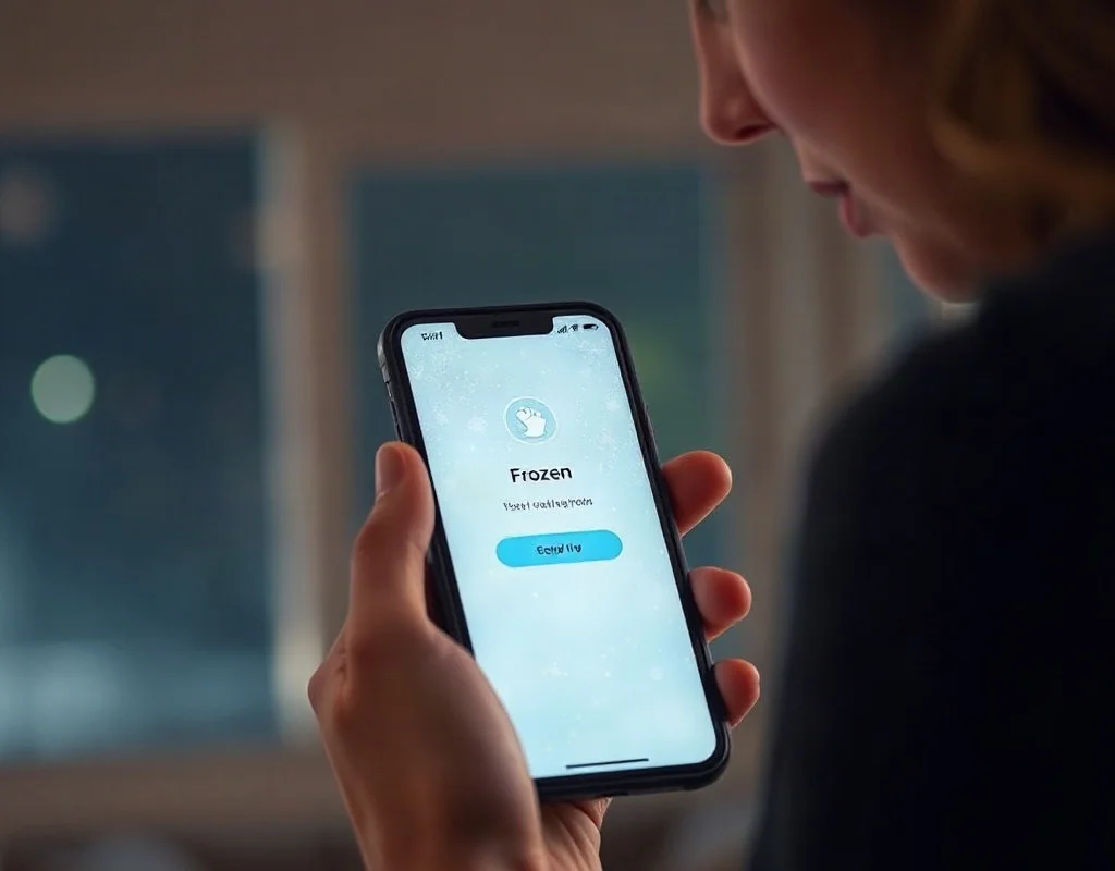 A person holding a smartphone looking confused at a frozen mobile app screen in a dimly lit room
