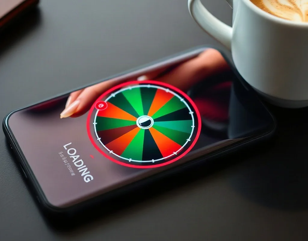 A smartphone displaying a loading spinner wheel on a betting app interface with a coffee cup nearby on a desk