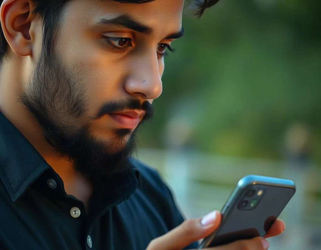 A Pakistani young adult looking thoughtfully at a mobile phone, with a digital balance scale icon subtly reflected on the screen