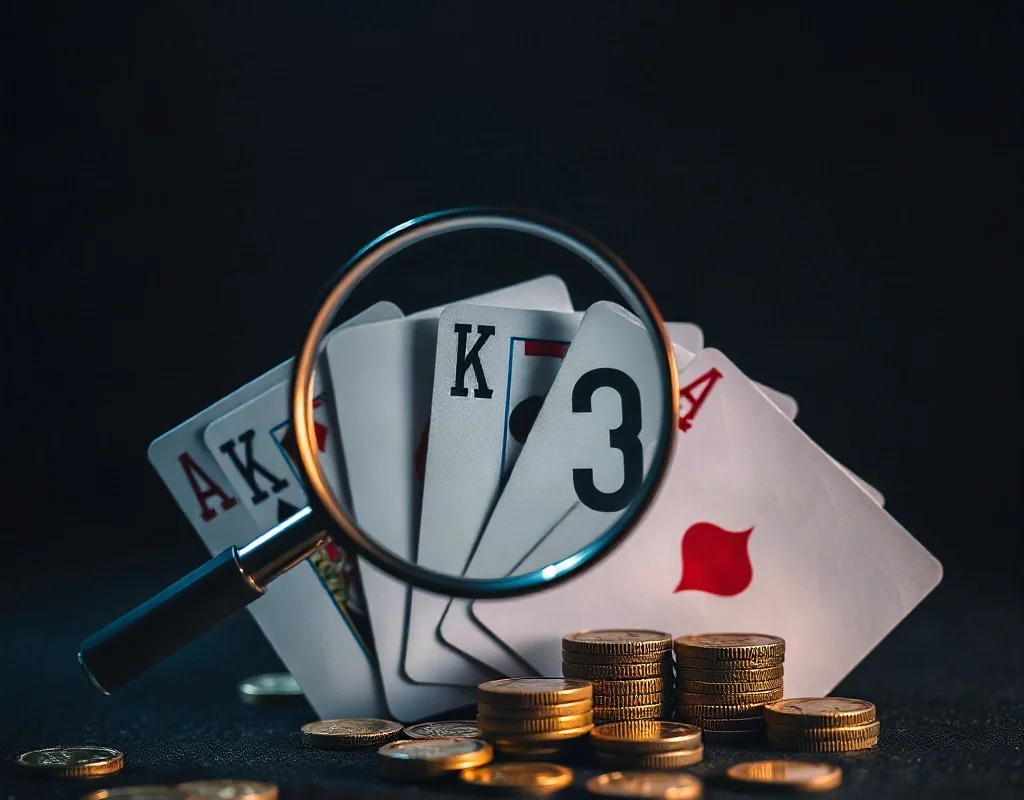PK68 casino platform ka jaiza – magnifying glass ke sath cards aur coins