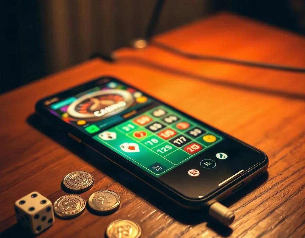 A smartphone showing a casino game interface with coins and dice on a table