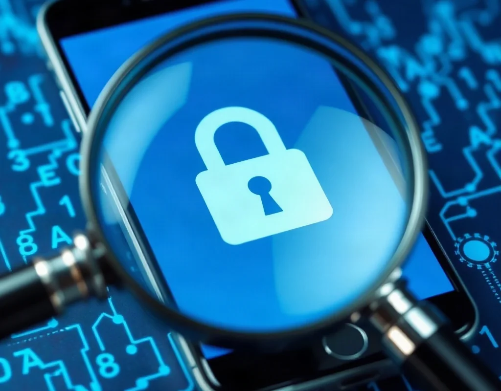 Magnifying glass over a smartphone with a padlock and data streams