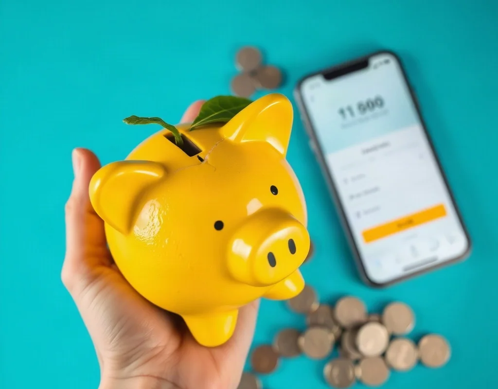 A cracked piggy bank with coins and a smartphone showing a withdrawal page