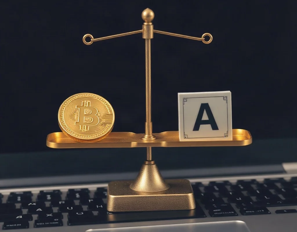 A balance scale with a coin and a note on a laptop keyboard