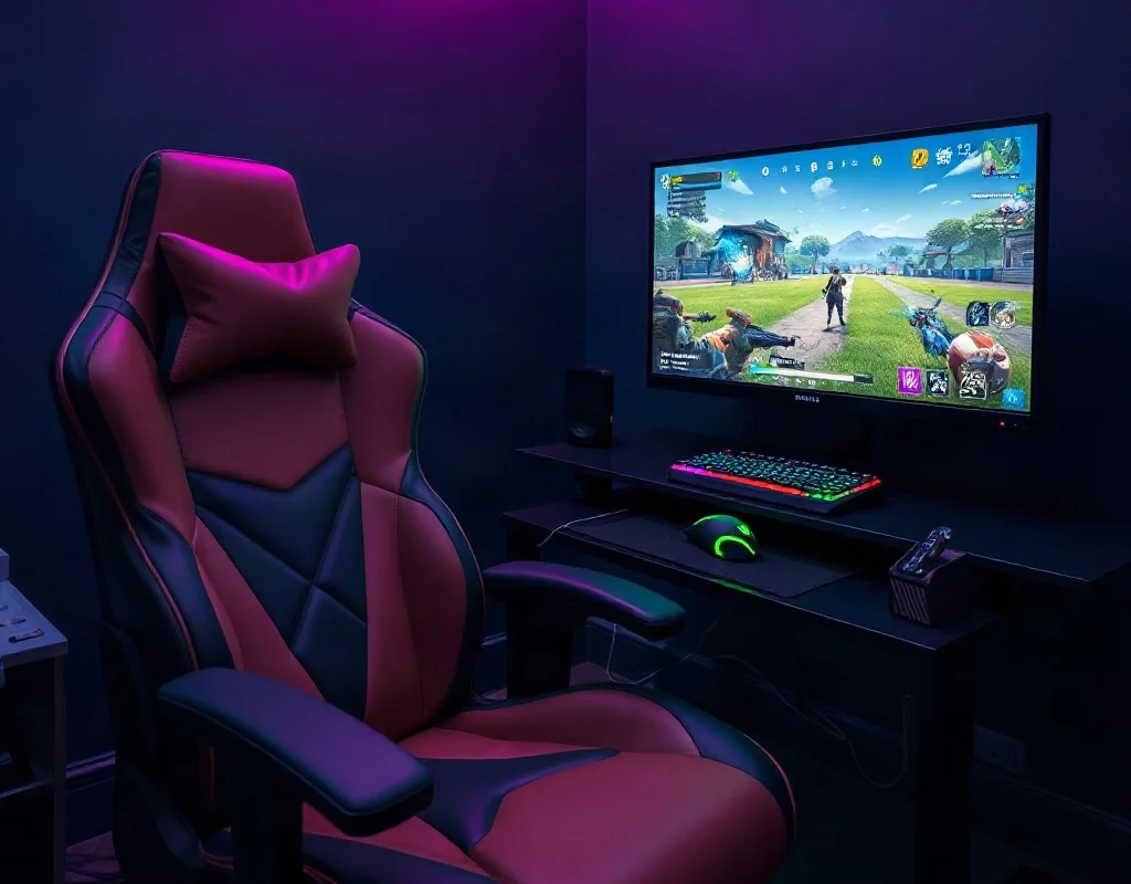A modern gaming setup with a chair, mouse, and monitor displaying a game
