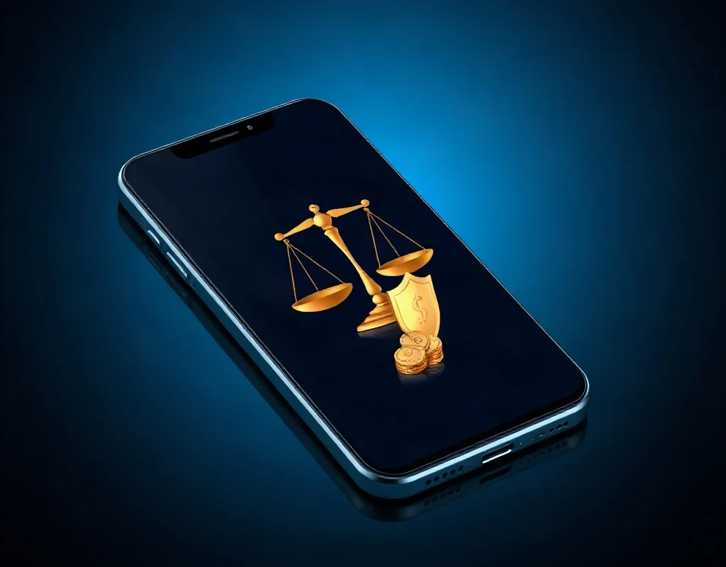 Representation of responsible gaming with a scale on a smartphone, symbolizing balance and protection.