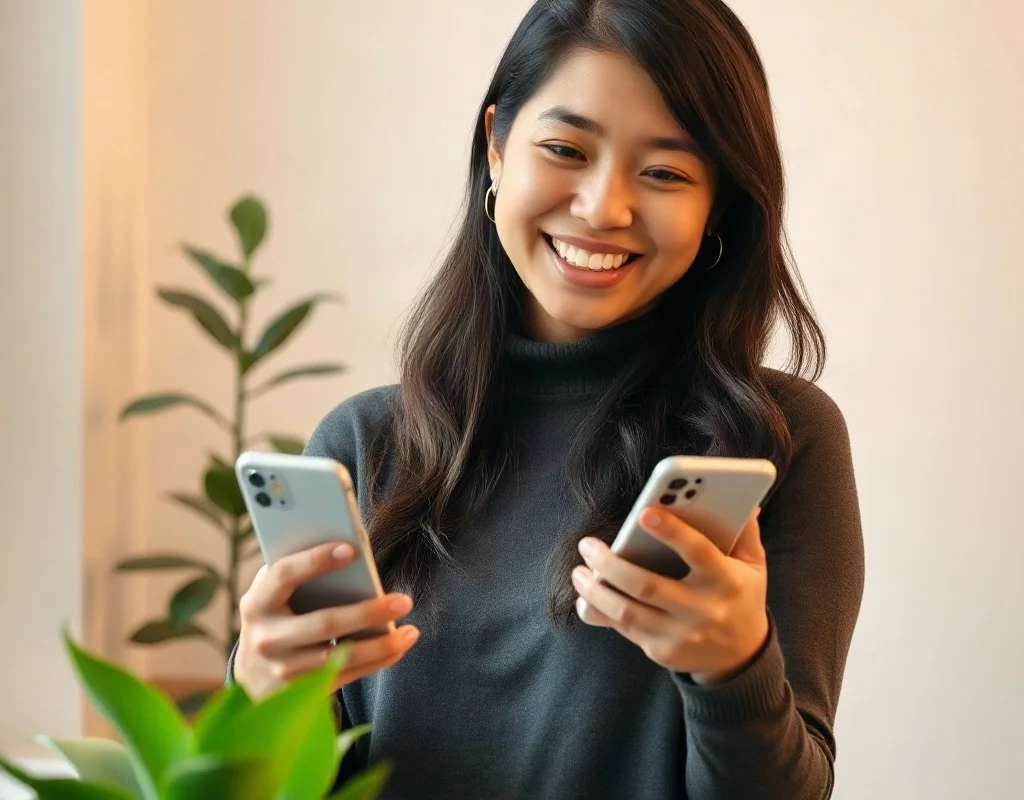 A happy individual playing responsibly on a phone, portraying a balanced lifestyle.