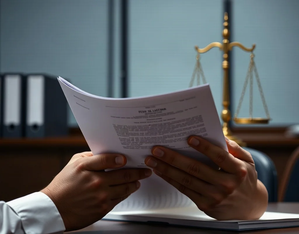 A person reading terms and conditions document with gavel and scales of justice in background