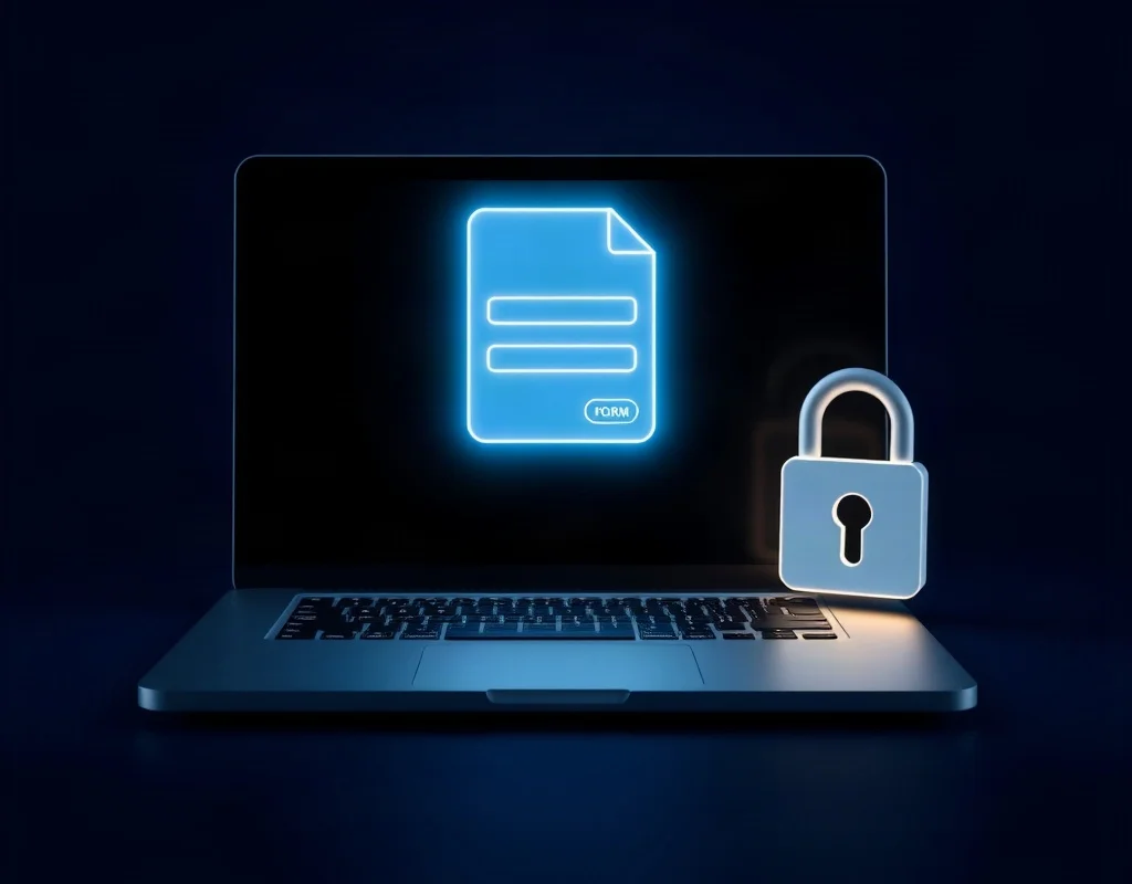 A laptop with illuminated online form and padlock icon indicating secure sign-up process