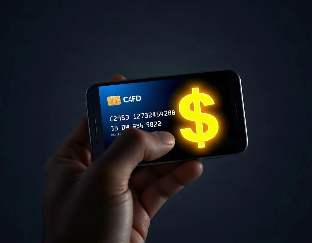 Hand holding smartphone with glowing credit card and money symbols, concept of online deposits and withdrawals