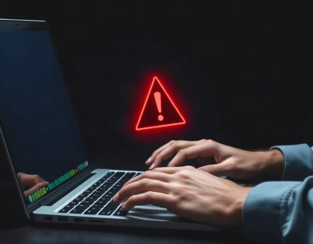 Person typing on laptop with red warning triangle icon, representing prohibited activities and security measures