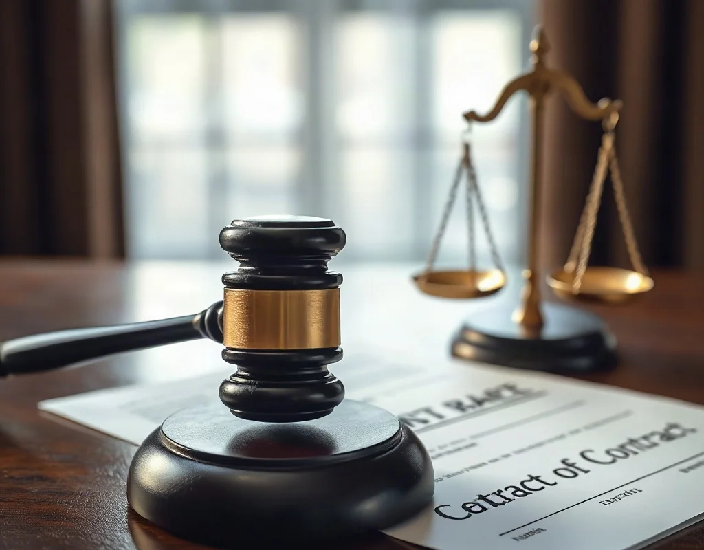 Judge's gavel and contract paper on table with scales of justice, representing legal implications and disclaimers