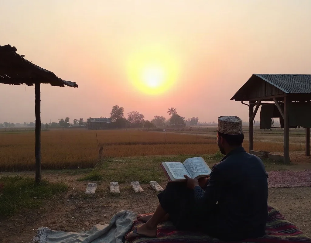 A person sitting on a charpai in a Pakistani village, reading a book peacefully at sunset, symbolizing a calm and mindful approach to leisure activities.