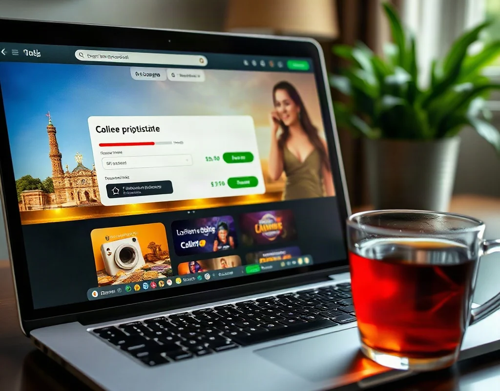 A laptop displaying online casino settings with a deposit limit slider, next to a cup of tea, illustrating setting financial boundaries.