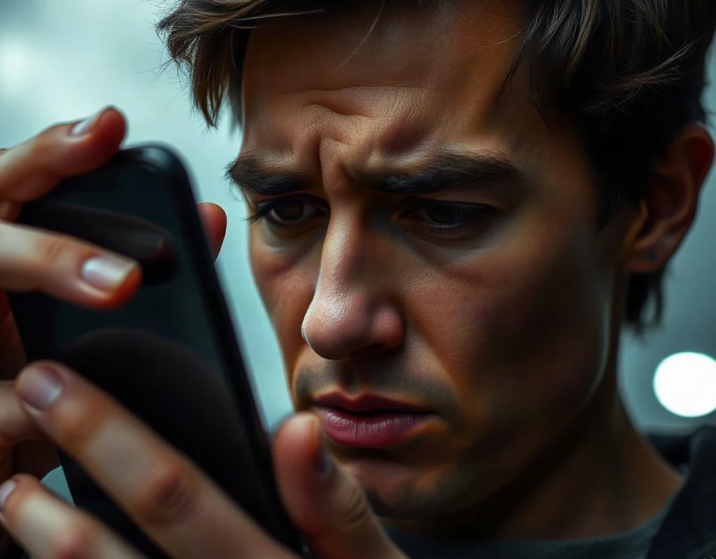 A stressed man holding a smartphone in a dark room, illustrating the emotional signs of problem gambling.