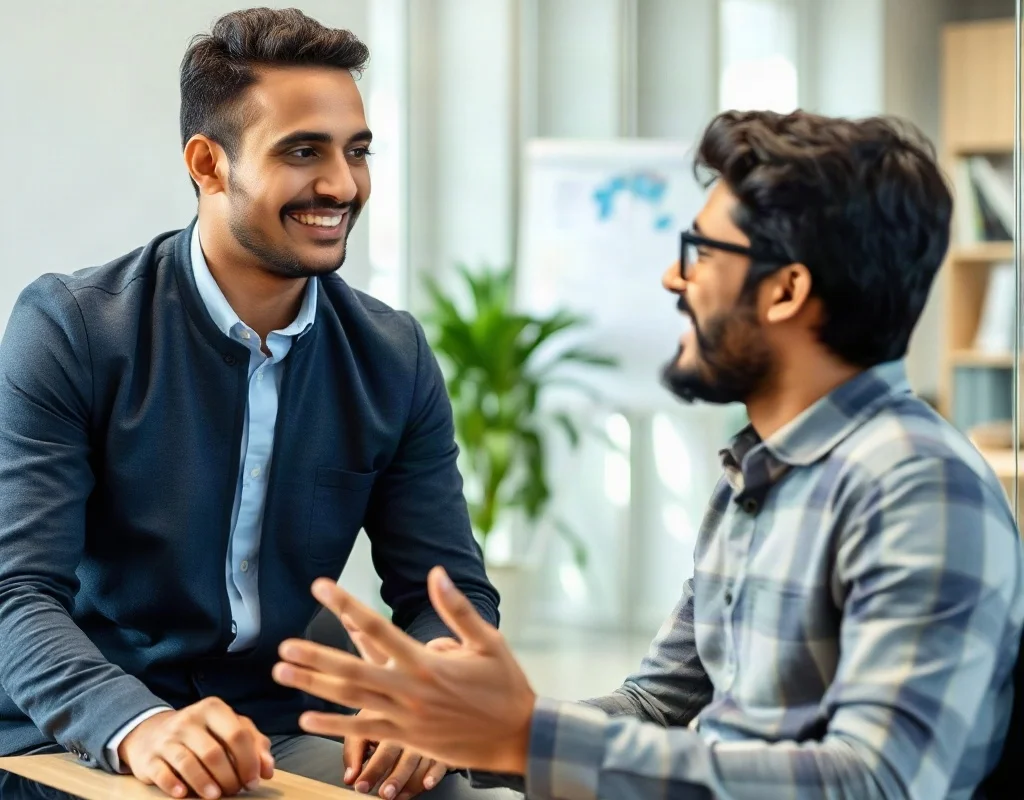 A counselor providing support to a young Pakistani man in an office, representing help and support for problem gambling.