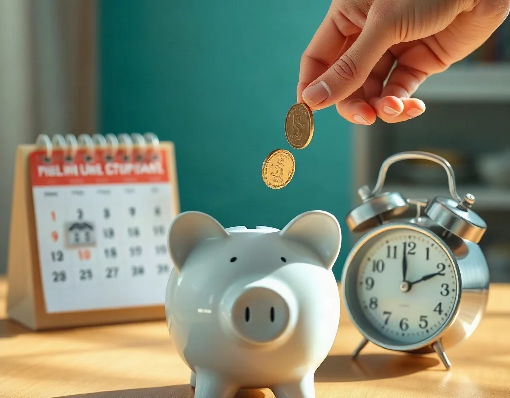 A hand putting a coin into a piggy bank, with a calendar and clock, symbolizing budgeting and time management for gambling.