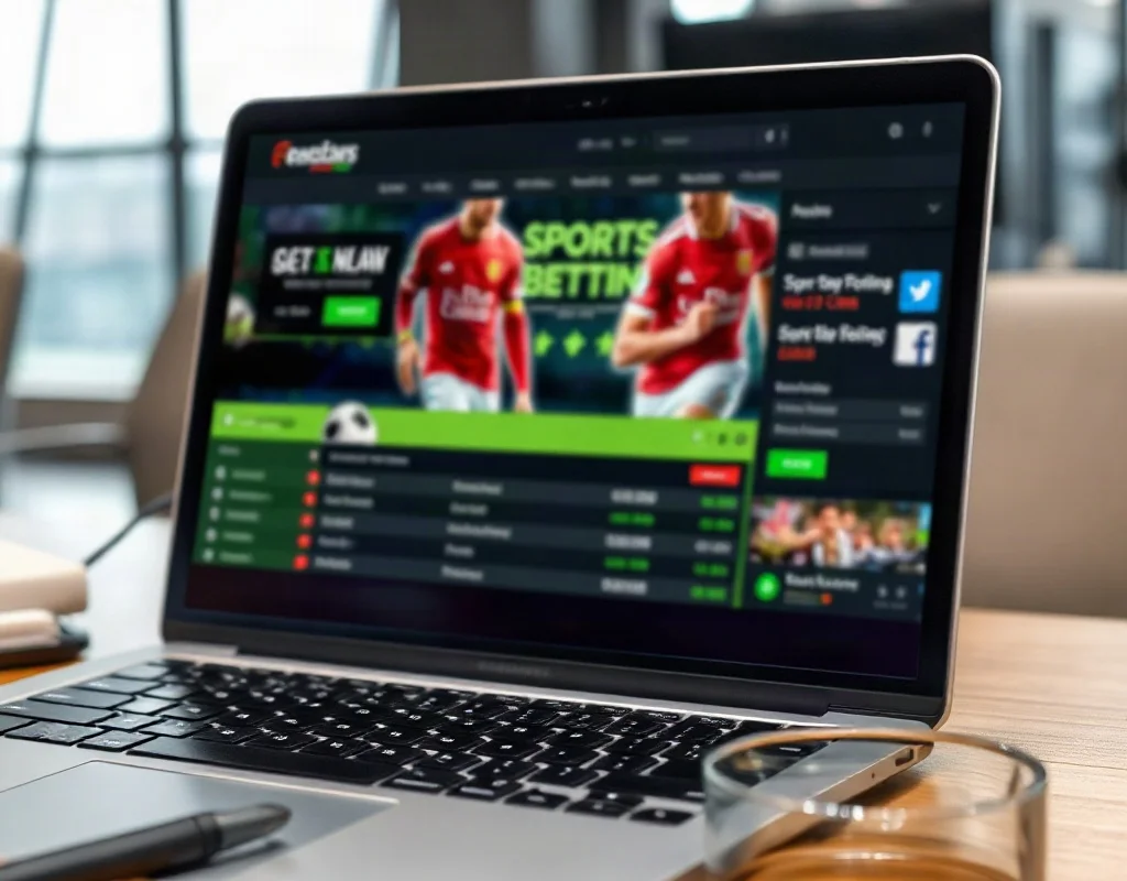 Laptop with sports betting website in a magnifying glass