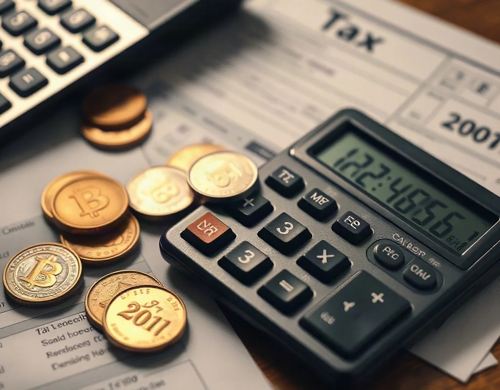 Calculator, coins, and tax forms indicating gambling taxes